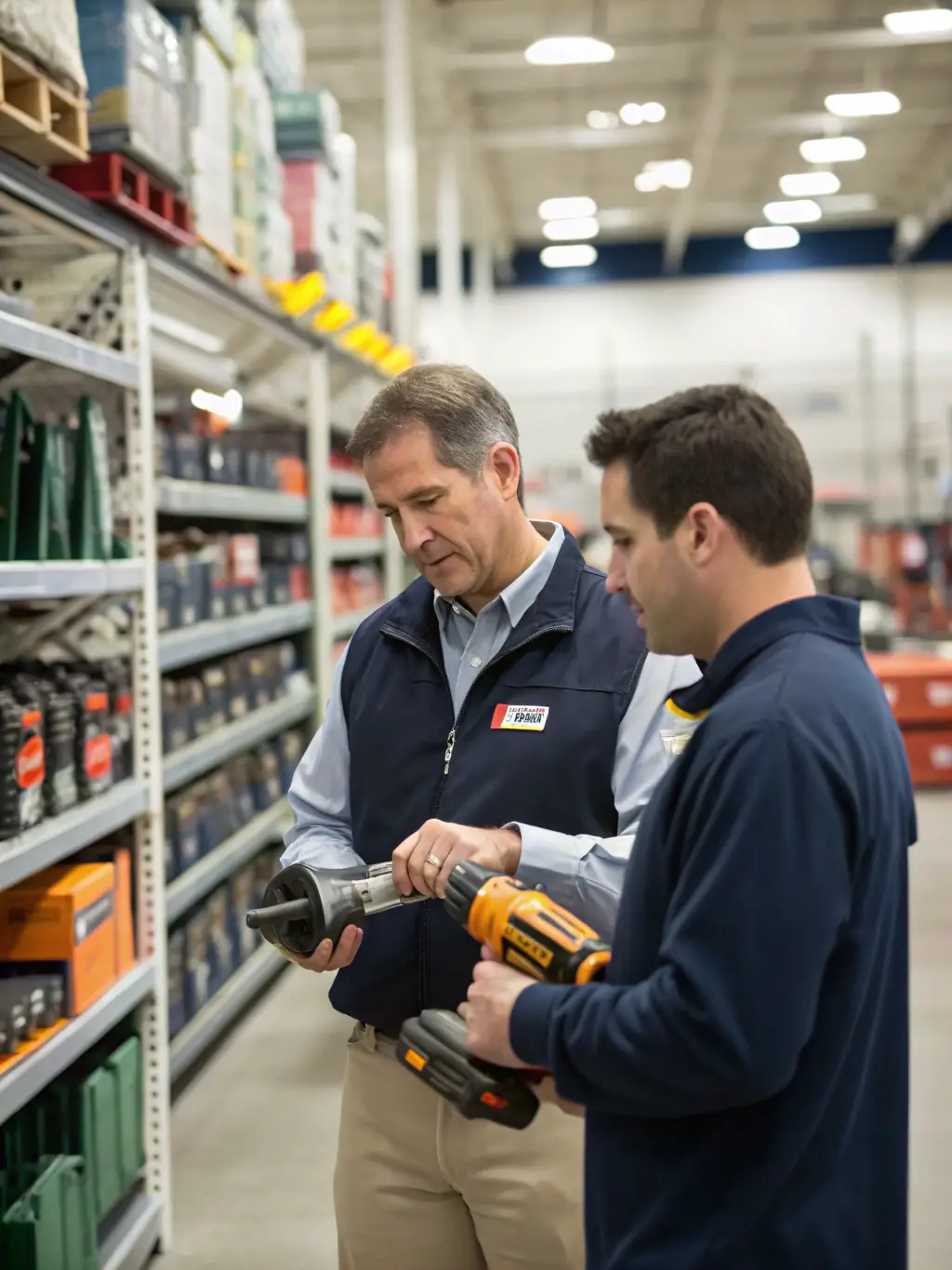 A friendly Bricomali sales representative assisting a customer with their building material selection in a well-organized store setting.