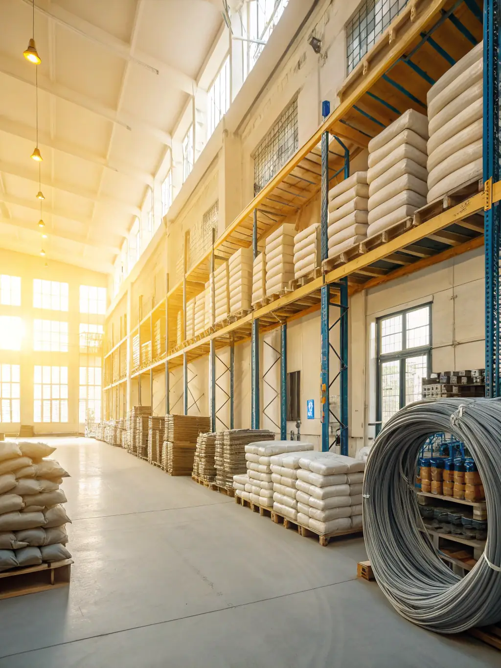 A diverse range of building materials neatly arranged in a Bricomali warehouse, showcasing variety and quality.